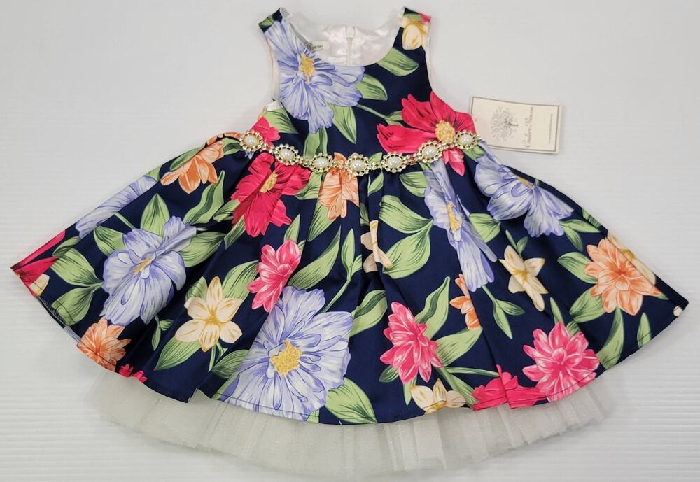 M3) Couture Princess Girls Navy Floral Sleeveless Party Dress 24M